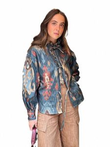 Casual Print Lace Up Bow Veste courte pour femmes Chic Stand Col Lg Manches Lâche Manteau Femme 2024 Printemps Vacances Lady Outwear m3kJ #