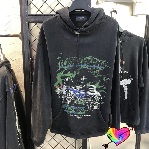 Sudadera con capucha con estampado informal para hombre y mujer, jerséis de tela pesada de alta calidad 1:1, sudaderas con lavado gráfico de coche esqueleto