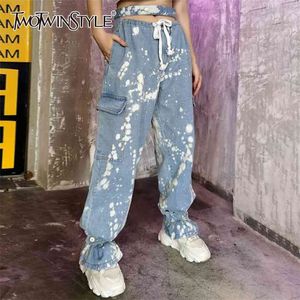 Casual Imprimer Tie Dye Jeans Pour Femmes Taille Haute Évider Lâche Hit Couleur Denim Pantalon Femme Mode Vêtements 210521