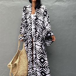 Décontracté imprimé à manches longues auto ceinturé robe Kimono grande taille femmes décontracté taille élastique longue fente ample robe de plage Q1340 220510