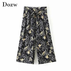 Casual Gedrukt Wide Beenbroek Vrouwen Chique Stropdas Gebreide Geplooide Broek Vrouwelijke Losse Vaste Holiday Pantalones 210515