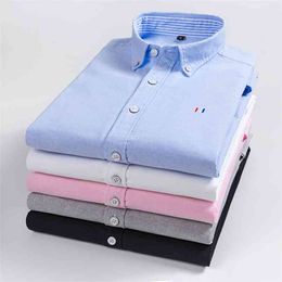 Casual Pure Katoen Oxford Mens Shirts Lange Mouwen Borduurwerk Design Regelmatige Fit Mode Stijlvolle 210809