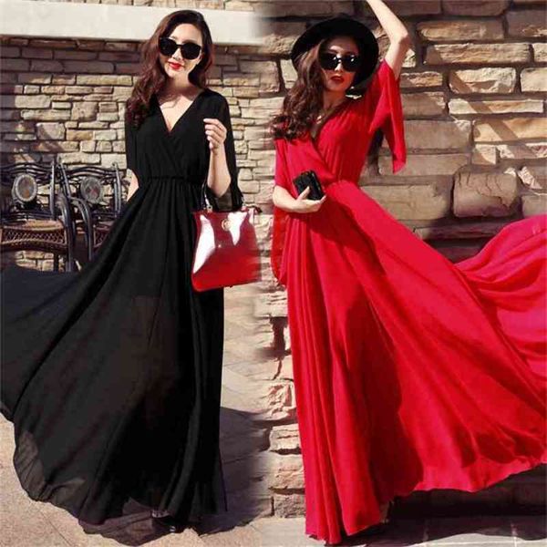 Casual Red Chiffon Boho Beach Sundress Robes longues pour femmes Été Col en V Demi-manche élastique Taille haute Swing Party Maxi Dress 210522