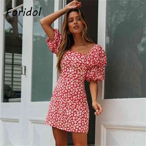 Décontracté rouge imprimé fleuri Boho robe été plage femmes Famale courte Mini robe d'été Vintage Vestidos De Mujer mode 210427