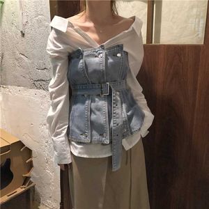 Casual retro revers wit gestreepte shirts lange mouw blouse sexy strapless denim camisole tops met riem fashion sets All-match 210610