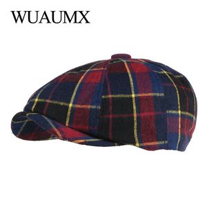 Casual Retro Achthoekige Hoeden Voor Vrouwen Blauw Oranje Plaid Achtbladige Schilders Krantenverkoper Cap Voor Mannen Katoen Visgraat Platte pet