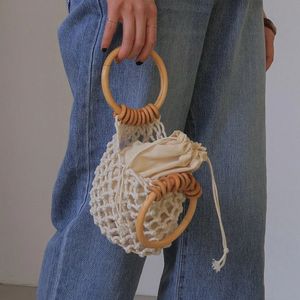 Casual retro geweven handtas houten handvat met binnenstoffen trekkoord bucket Bag Vacation strandstijl polsback voor dames 240415
