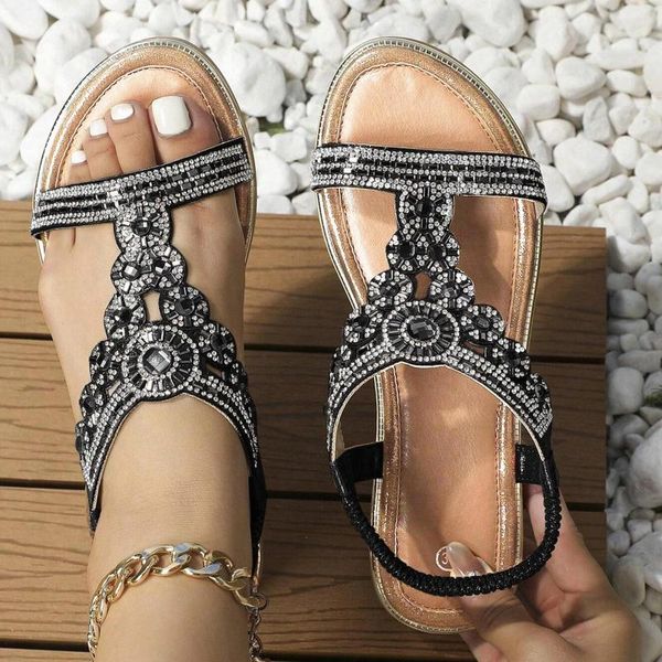 Sandales décontractées Band de strass élastiques Femmes Bohemian Open Toe Beach Holiday Ladies Low talon habillé sandalias 753 5