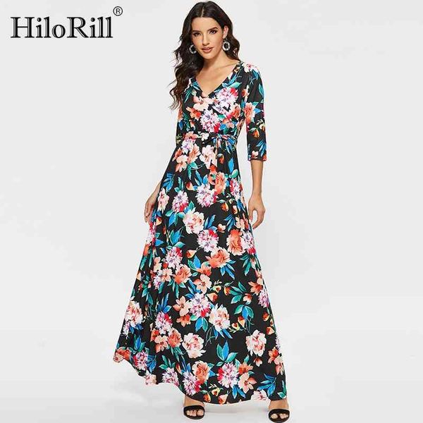 Casual Sexy cuello en V estampado bohemio Maxi vestido mujer media manga de talla grande túnica larga para mujer vendaje es 210508