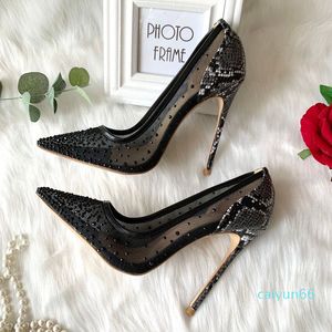 Zapatos de mujer sexy casuales Negro Crystal Mesh Point Toe Tacones altos Stiletto Bride Wedding