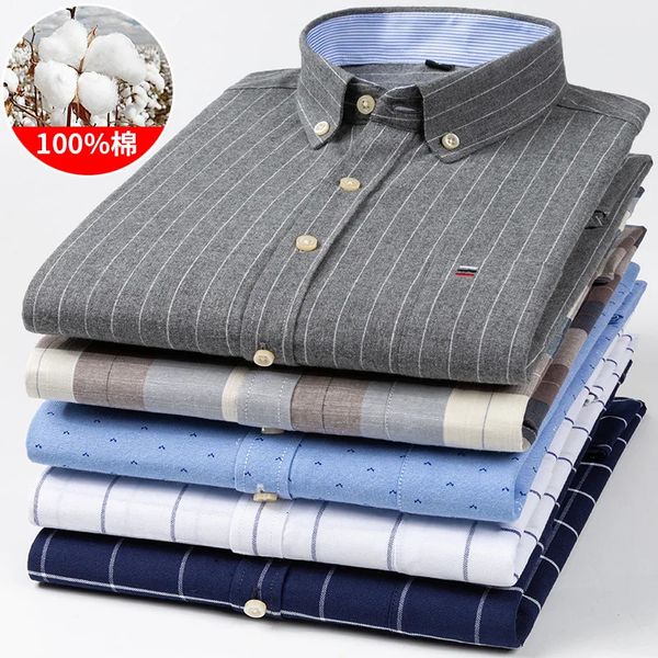 Chemises décontractées pour hommes coton Oxford Plaid rayé à manches longues 4 saisons doux respirant classique élégant affaires chemises intelligentes 240301