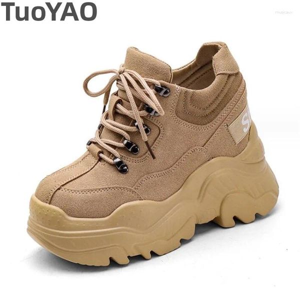 Zapatos informales con plataforma de cuero de vaca Natural para mujer, zapatillas con cuña, tacón oculto, tacones gruesos, primavera y otoño, 10cm