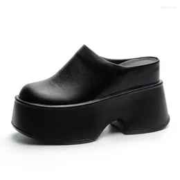 Zapatos informales, zapatillas de 11CM, zapatillas con plataforma de cuero genuino de vaca Natural, zapatos de tacón ocultos de verano para mujer, vulcanizados negros