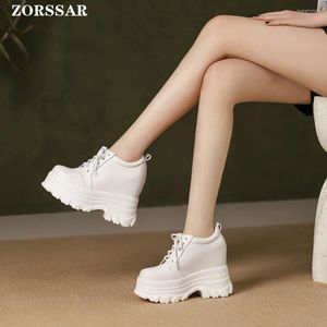 Casual schoenen 12 cm echt lederen platform sneakers wig voor vrouwen ademende verborgen hiel zapatillas mujer