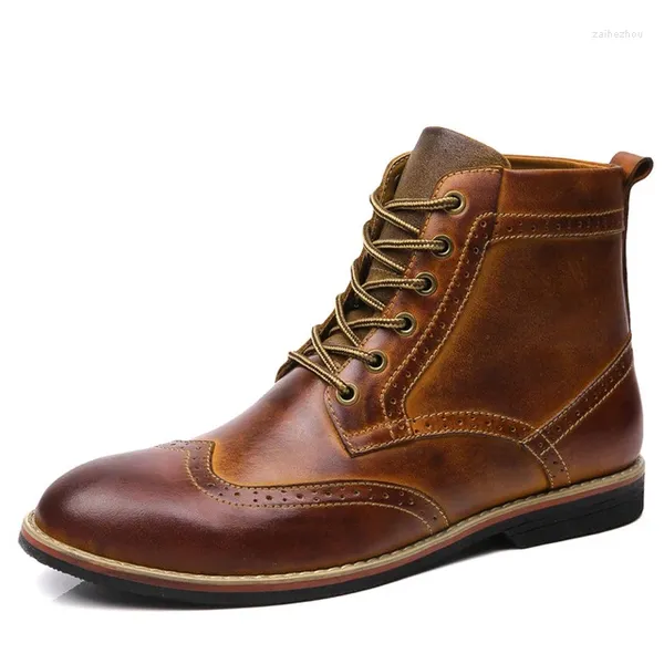 Zapatos casuales 2024 otoño hombres botas tamaño grande 38-47 Vintage Brogue estilo universitario moda con cordones cálido para hombre marrón