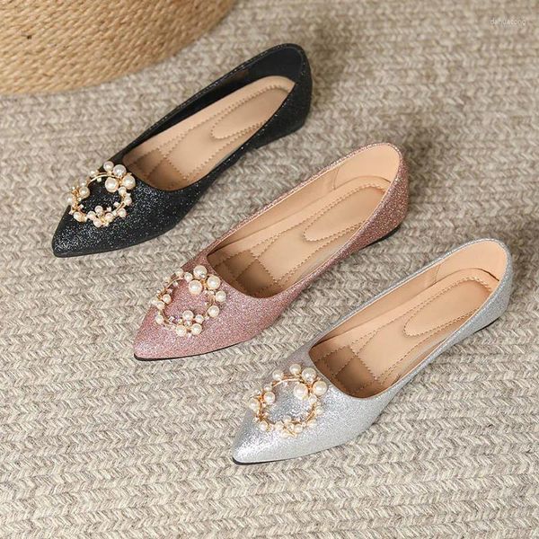 Chaussures décontractées 2024 Elegant Spring femme pointu pointu rose rose doux mots de perle dame plates travail kawaii mary jane mariage beafoot fête