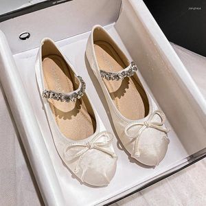 Casual Schoenen 2024 Elegante Vrouw Zomer Ronde Neus Ballerina Flats Leuke Zijde Satijn Strass Vrouwelijke Boog Mary Jane