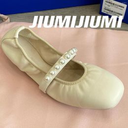 Chaussures décontractées 2024 Jiumjiumi est printemps à la main à la main en cuir authentique Mary Janes Roundtes à talons plats Ballet Perle de cordes zapatos de Mujer