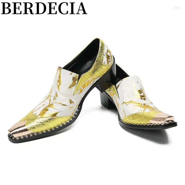 Chaussures décontractées 2024 Luxury Mens paillettes Gold Hommes blancs Metal Metal Personnalisé Slip on Med Talon Loafer Zapatos para Hombres