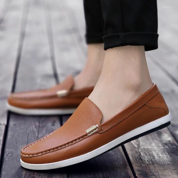 Zapatos informales 2024, mocasines para hombre, moda de cuero genuino, calzado plano sin cordones para conducir, barco, cómodo, perezoso para hombre