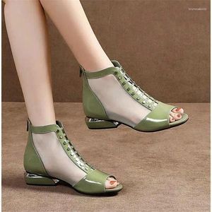 Casual Schoenen 2024 Peep Toe Sandalen Laarzen Vrouwen PU Leer Zomer Mesh Lage Hakken Rits Achterkant Damesschoenen