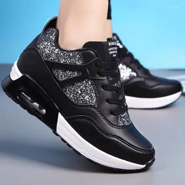 Zapatos informales 2024 Spring Autumn Black Leather Sneakers Fashion Slace On Women Outdoors Corby Walking Sequins