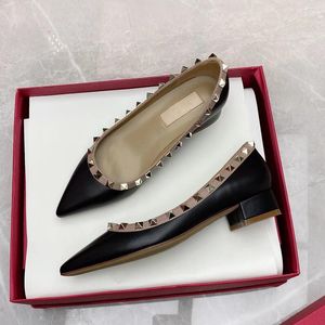 Chaussures décontractées 2024 Printemps / Été Rivet européen et américain pointus talons mi-hauts bouche peu profonde épaisse Liu Ding grande chaussure unique femmes