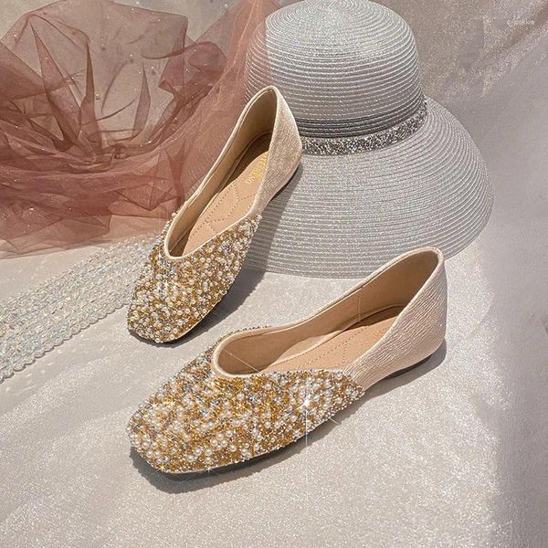 Chaussures décontractées 2024 Spring Summer Glitter Flats Femmes Perle Perle Ballerine Square Toe Mules Femme Hauteur Augmentation des mots de grande taille 43