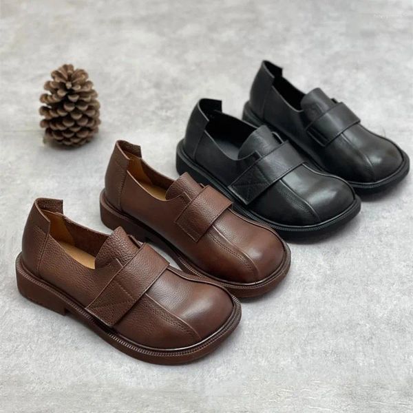 Zapatos informales para mujer, mocasines planos suaves y poco profundos de cuero genuino con punta redonda, estilo japonés Vintage, primavera 2024