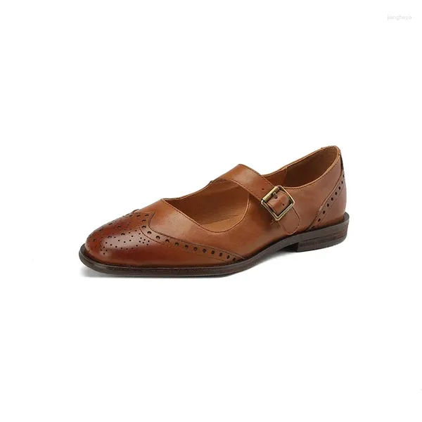 Zapatos informales para mujer, zapatos de tacón de cuero Natural de talla grande 22-26,5 cm, mocasines completos de piel de vaca, Brogue Mary Jane, primavera 2024