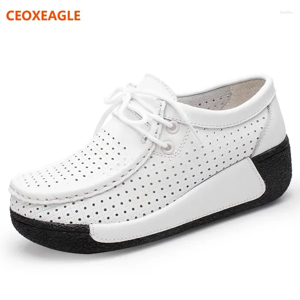 Zapatos informales 2024 Summer Women Flat Platform Lofer Breath Ladies Genunie Leather Hollow Shoe Paplones uplucos Mocasins Creepers