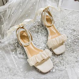 Sandales d'été décontractées pour femmes, chaussures à la mode, Design de perles, Style coréen, vêtements de fête et de travail, talons hauts 41-43, 2024