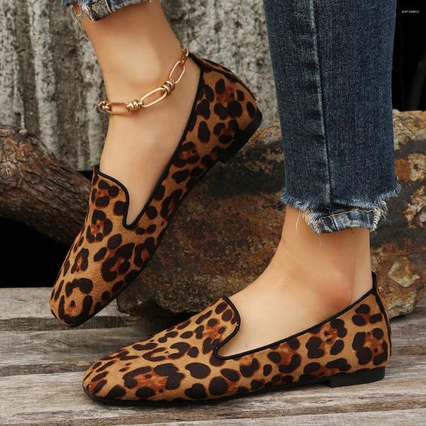 Chaussures décontractées pour femmes, mocassins plats à bout carré, baskets de marche imprimées léopard, à la mode, Zapatos Mujer, 2024