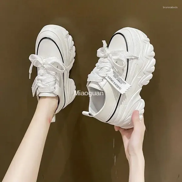 Zapatos informales 2024, zapatillas de deporte para mujer, cuñas de plataforma, moda de otoño, calzado blanco con cordones para verano, lona con parte inferior gruesa