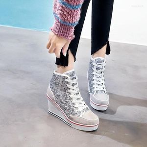 Casual schoenen 35-43 sexy 8 cm vrouwen wiggen badge high top platform vrouw trainers lift schoen hakken canvas glitter