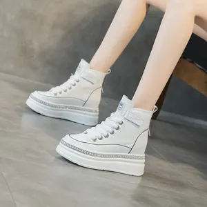 Casual schoenen 8 cm platform wedge sneakers verborgen hak hoge top echt leer damesmode laarzen wit