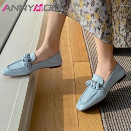 Casual schoenen Annymoli platte vrouwen echte lederen loafers schapenvacht vierkante teen flats geplooide slip op vrouwelijk schoenen roze maat 40