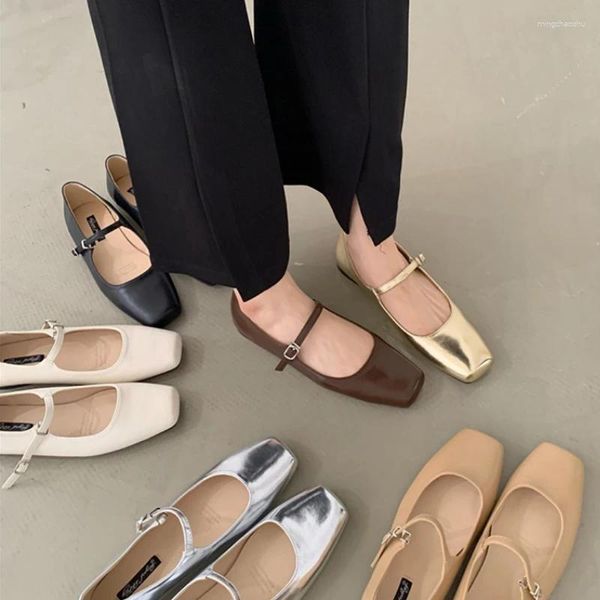 Zapatos informales Antumn punta cuadrada Ballet moda tacón bajo Mary Jane Casaul plata hebilla poco profunda suela suave Zapatos De Mujer