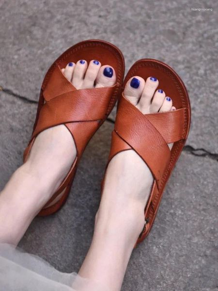Chaussures décontractées ArtmU Sandales Open Toe Original pour femmes Luxury Croix Couteau Boucle Flats Générations en cuir authentiques