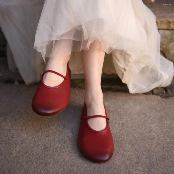 Zapatos casuales Artmu Mujeres originales Toe Round Mary Jane Flats Luxury Soft Sases Elegant Elastic Band Red Genuine Leather