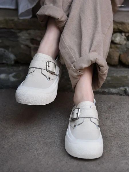 Zapatos informales Artmu White para mujeres Tacón grueso Cuero genuino Hebilla grande Hebilla Vulcanizada Flats de lujo Sports Sports
