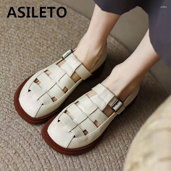 Chaussures décontractées Asileto Brand 2024 Été Femme Femmes 32 33 Sangle de boucle à orteil carré Hollow à grande taille 42 43 Soft Causal Daily Femmes