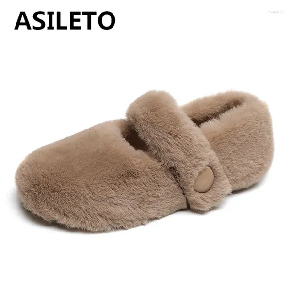 Chaussures décontractées asileto Design Femmes Chaussade Hiver Flats Round Toe Flock Suede Press Buckle Daily Home Outdoor mignon Femme Big Taille 42 43