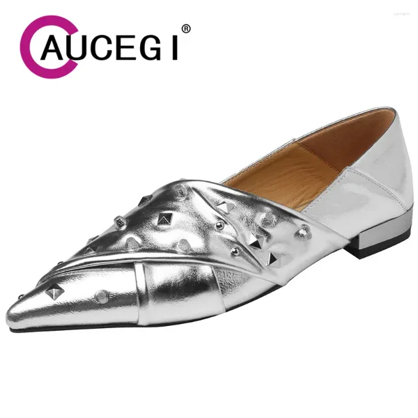 Chaussures décontractées Aucegi Unique Femal's Summer en cuir véritable talons plats Rivet Rivet Pointed Elegant Designer Dress Party