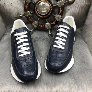 Chaussures décontractées authentiques exotiques autruche peau bleu foncé couleurs baskets masculines véritables véritables en cuir masculin à lacets appartements extérieurs