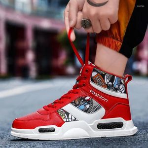 Zapatos informales de otoño para hombre, zapatillas rojas altas, moda 2024, Graffiti, Hip Hop, cómodas zapatillas de cuero para hombre