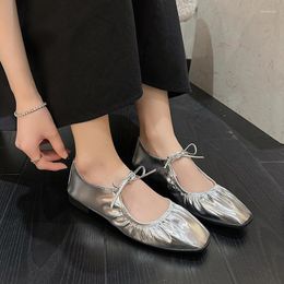 Casual schoenen ballet flats dames lederen schoen smalband zilveren bling goud ronde teen 2024 veerschoenen