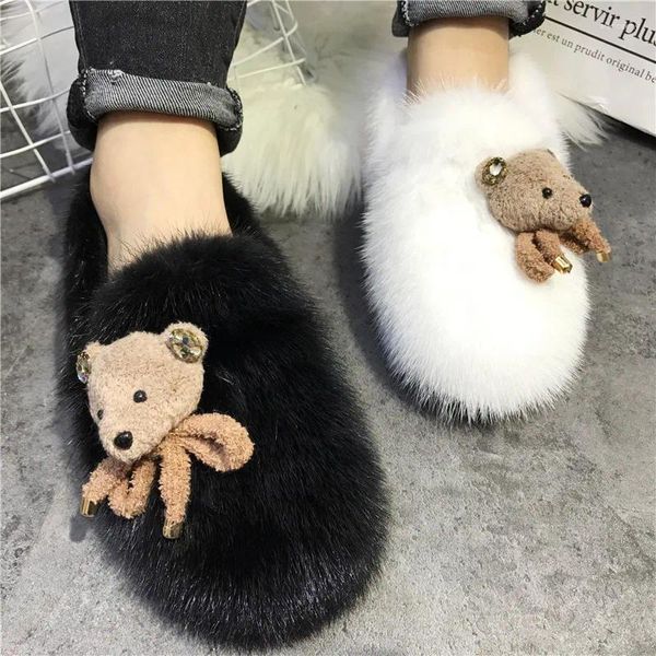 Zapatos informales con decoración de muñecos de oso, mocasines planos para mujer, mocasines exteriores de piel de visón cálidos para invierno, alpargatas para conducir, calzado plano para mujer