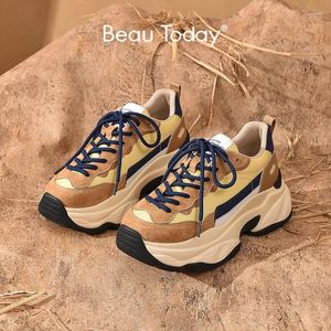 Casual schoenen Beautoday Chunky Sneakers dames varkens suede platform ronde teen gemengde kleuren veter dames trainers handgemaakt b29430