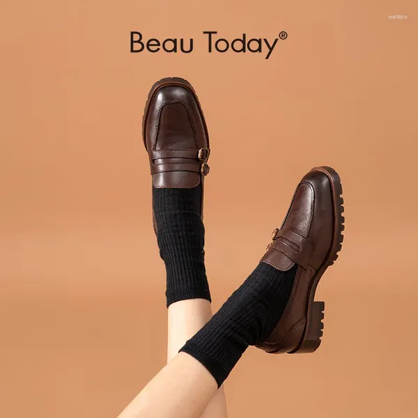 Zapatos casuales BeauToday Mocasines Mujer Cuero de vaca genuino Hebilla Pulido Punta cuadrada Suela gruesa Slip-On Moda Señora Pisos hechos a mano 27408